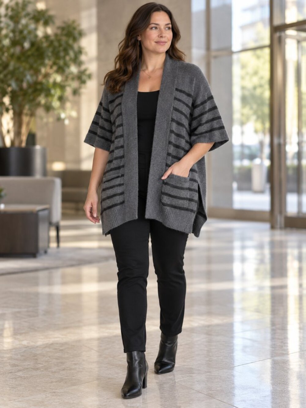 Rag & Bone Gray & Black Striped Wool-Cashmere Cape Cardigan Size L